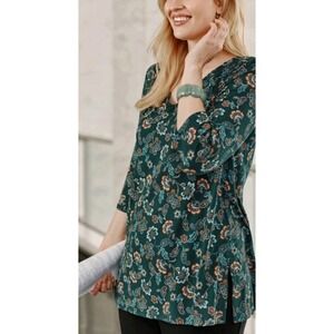 J.Jill Wearever Floral Shirred Tunic Top XL Petite Teal Orange Paisley Boho Soft